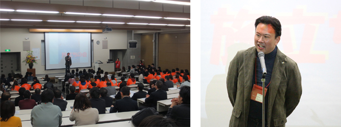 2014年3月に開催された「第３期生の集い」では、サポーター（支援者）代表挨拶として、弊社代表取締役社長岡竹博昭が子どもたちにメッセージを送りました。